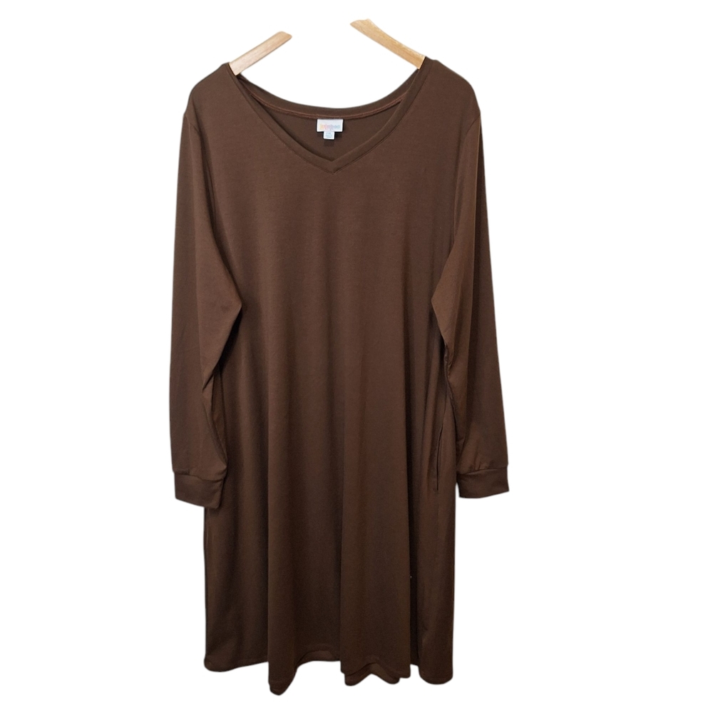 LuLaRoe Womens Dress 2XL Brown A Line Pockets Stretch V Neck Pullover EMILY Knit